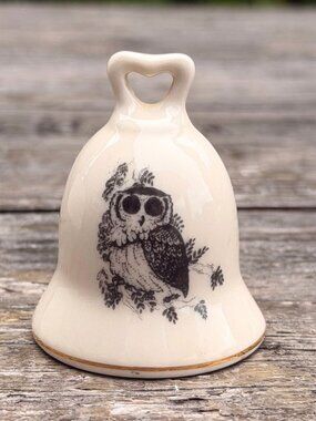 Vintage Owl Bell Small World Greetings Japan Gold Trim and Heart